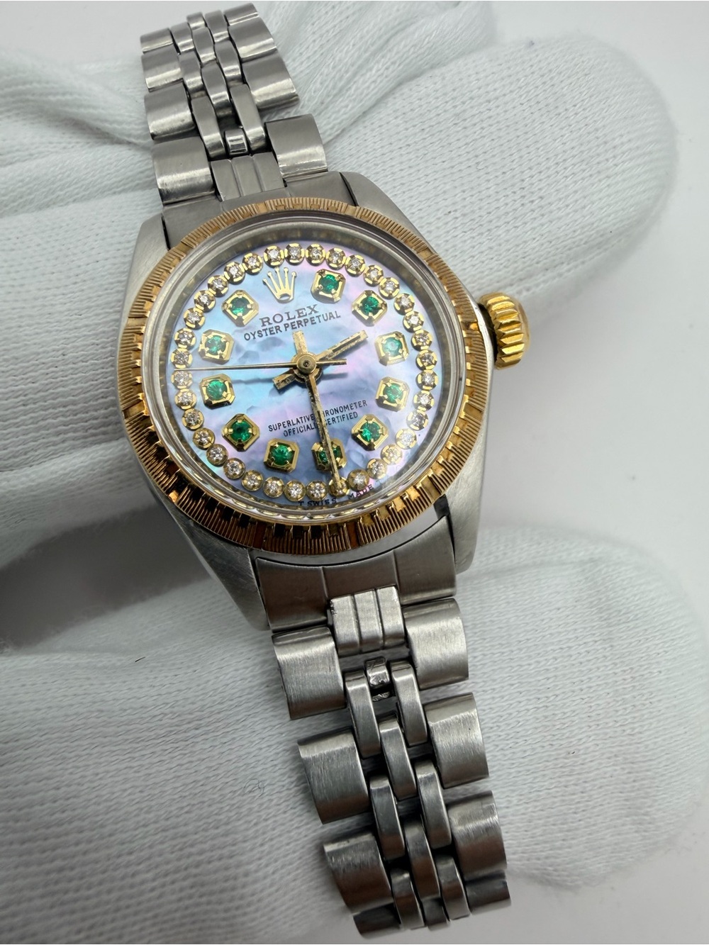 Rolex Two-Tone Gold and Silver Watch with Blue Dial and Green Gem Markers - Picture 4 of 4